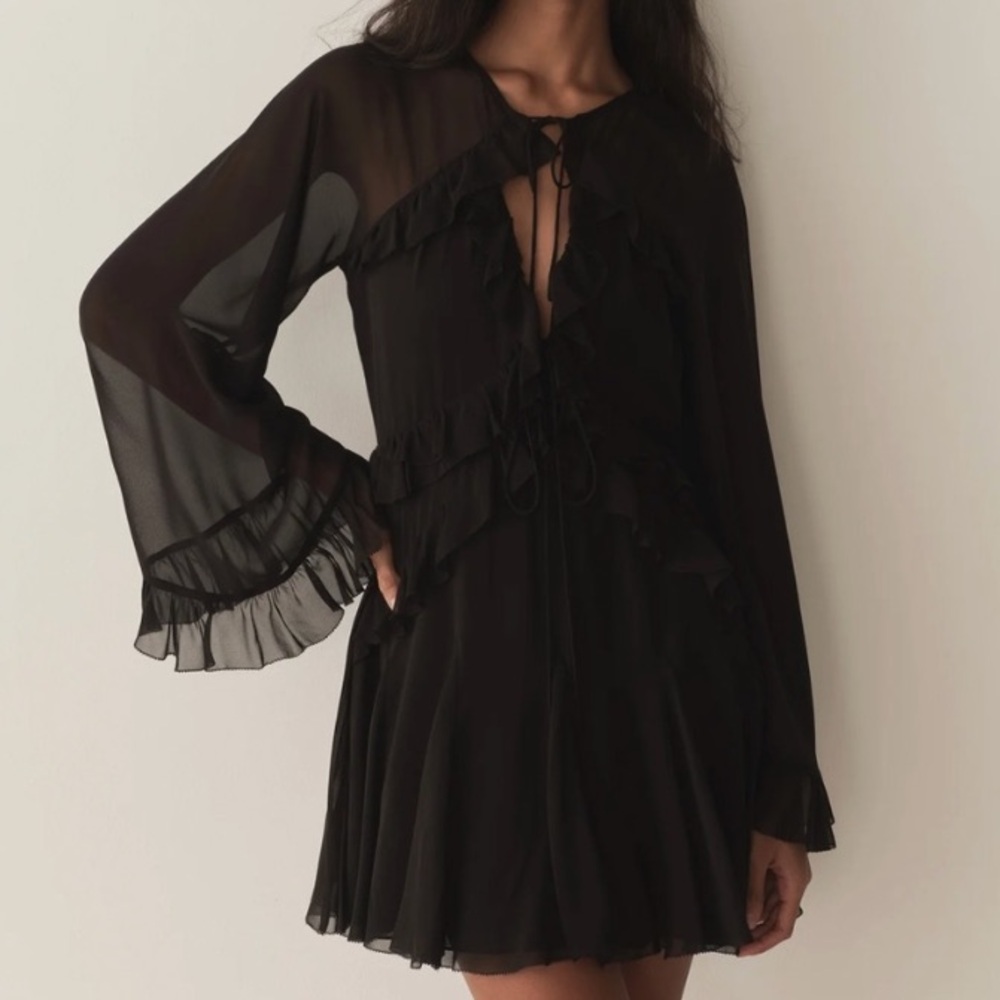 NWT Doen Clarisse Silk Ruffle Flowy Sheer Long Sleeve Mini Dress Black - Picture 7 of 15